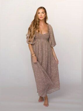 Worth Collective Harlow Floral Taupe  Dress Size L Puff Sleeve Smocked Empire